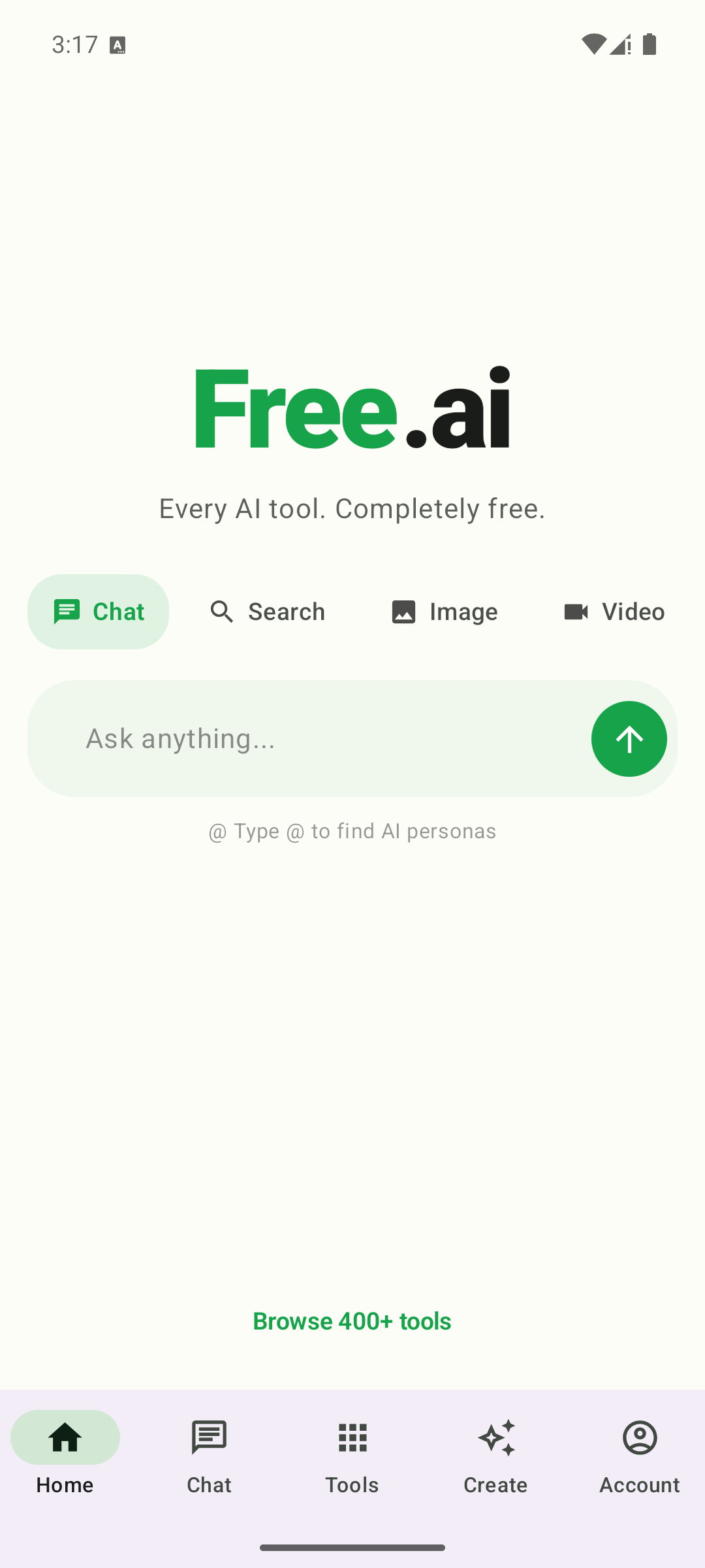 Free.ai Android — home with 400+ AI tools