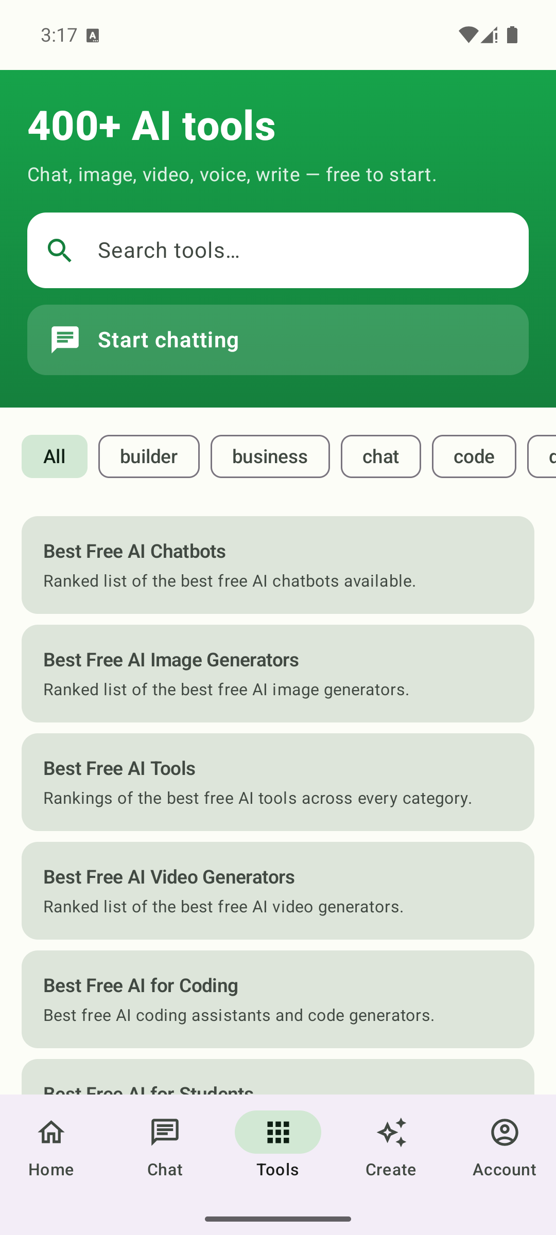 Free.ai Android — the full 400+ tool catalog